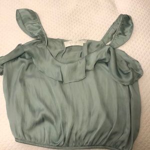 Blue ASTR silky cropped blouse with ruffle
